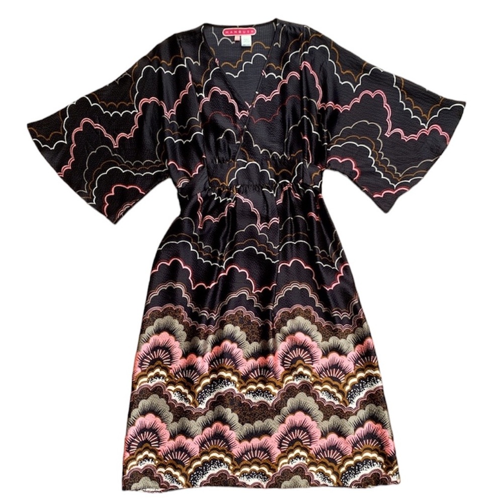 MANOUSH • Black Print Silk Kimono Sleeve Tie Waist Dress-Sz 6 - Picture 1 of 9